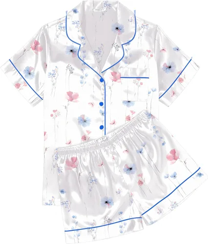 Vista 34 de Ekouaer Conjunto de pijama de satén de seda para mujer, suave, de manga corta, con botones, ropa para dormir, camiseta y pantalones cortos, juego