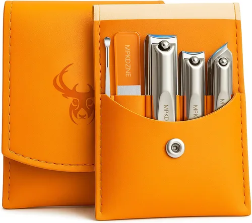Vista 9 de Pro 5 en 1 Juego de cortaúñas para hombres y mujeres. Kit de manicura de acero inoxidable ultra afilado con recortador en ángulo en estuche de cuero