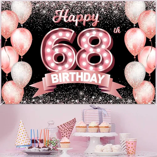 Vista 208 de Cartel de feliz cumpleaños décimo oro rosa, telón de fondo, saludos a 10 años, globos de confeti, decoración temática para niñas de 10 años