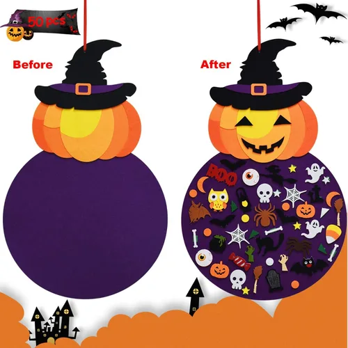 Vista 2 de THAWAY Decoración colgante de bruja de calabaza de fieltro de Halloween, manualidades y kits de fieltro, adornos adhesivos, decoraciones de fiesta