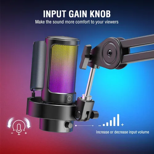 Vista 4 de FIFINE Gaming Microphone and Heavy Duty Boom Arm Bundle, USB PC Mic with RGB Control, Mute Touch, Headphone Jack, Pop Filter, Stand for Streaming
