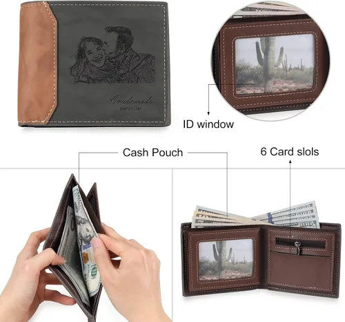 Vista 4 de Carteras personalizadas para hombres, cartera personalizada para hombre con imagen grabada y nombre, billetera delgada de cuero plegable, regalos
