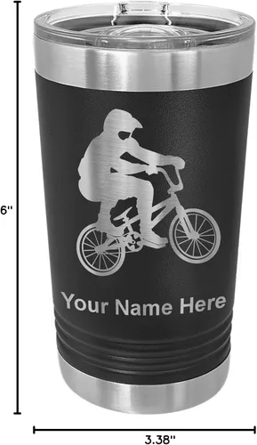 Vista 5 de LaserGram Vaso de pinta aislado al vacío de 16 onzas, conductor BMX, grabado personalizado incluido (negro) Engraved Gift for BMX Rider, Vacuum