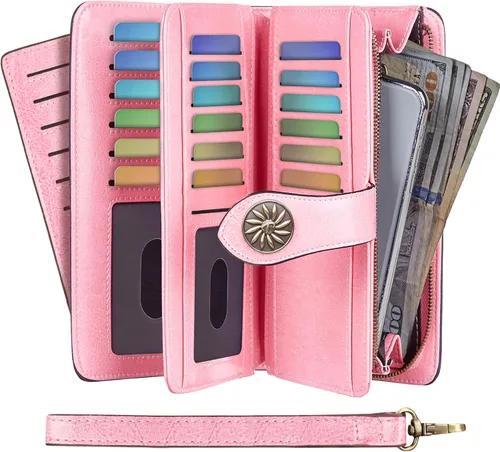 Vista 2 de Travelambo Cartera para mujer, de gran capacidad, con bloqueo RFID, de piel auténtica, cartera