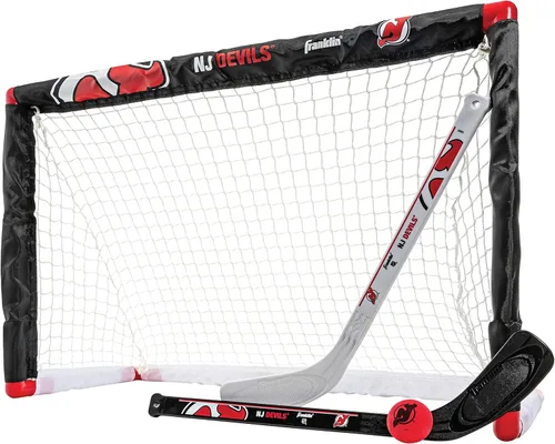 Vista 16 de Franklin Sports NHL - Juego de mini hockey para niños, portería de hockey sobre rodilla, pelota + 2 palos, juego de juguetes para interiores
