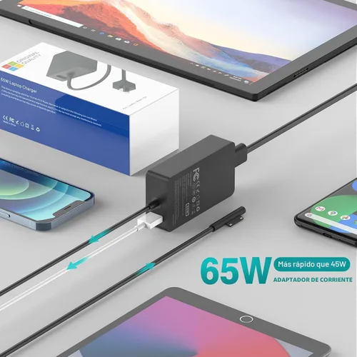 Vista 3 de Cargador de 65 W compatible con Microsoft Surface Pro 11, 10, 9, 8, 7+, 7, 6, 5, 4, 3, X, adaptador de corriente para Windows Surface Laptop