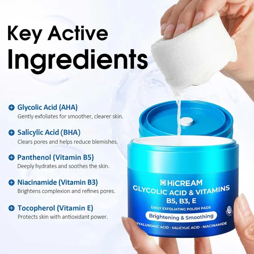 Vista 4 de Hicream Almohadillas de ácido glicólico, tónico exfoliante facial de doble textura para el cuidado de los poros y la luminosidad de la piel