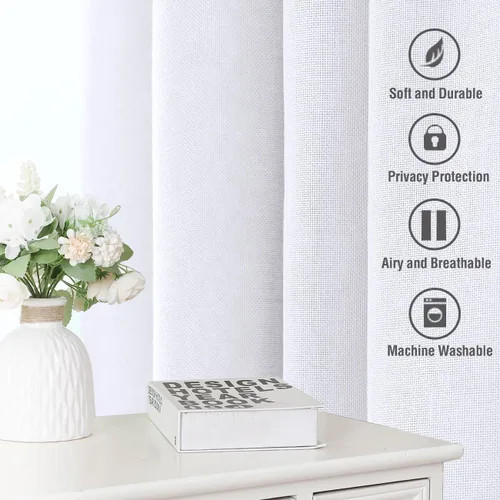 Vista 6 de H.VERSAILTEX Cortinas de lino natural de 63 pulgadas de largo para sala de estar, 2 paneles con pestañas traseras, bolsillo loop texturizado Blanco