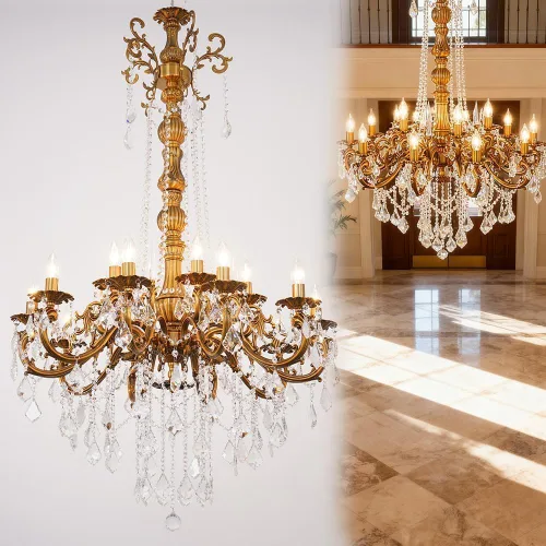 Vista 9 de Candelabros de cristal de bronce antiguo de lujo con lámpara colgante de vela, lámpara de techo de 6 luces de cristal dorado para comedor, sala