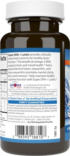 Vista 3 de Carlson - Super DHA Plus Luteína, 1000 mg de DHA + 20 mg de luteína, 60 cápsulas blandas