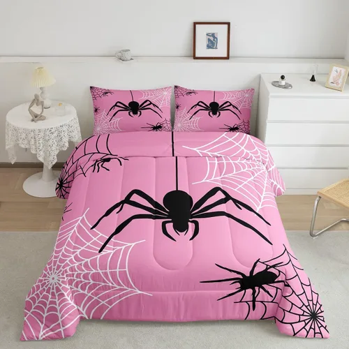 Vista 10 de Castle Fairy Spider Web Comforter Set,Happy Halloween Theme Hippie Bedding Sets for Kids Teens Adults,Black Spider Wild Animal Silhouette Comforter