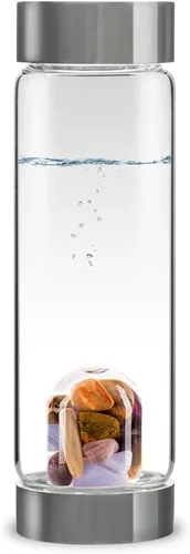 Vista 10 de VitaJuwel ViA AMERICAN DREAM Botella de agua de cristal con oro de 24k · Jaspe rojo · Ópalo blanco · Lapislázuli azul · Cuarzo transparente