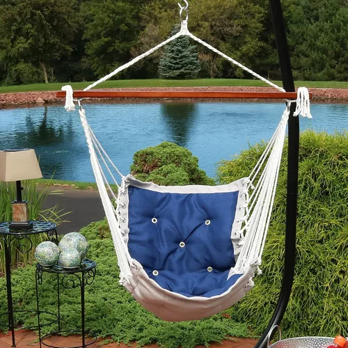 Vista 3 de Sunnydaze Silla hamaca colgante grande estilo victoriano, resistente, capacidad de 300 libras, color azul marino