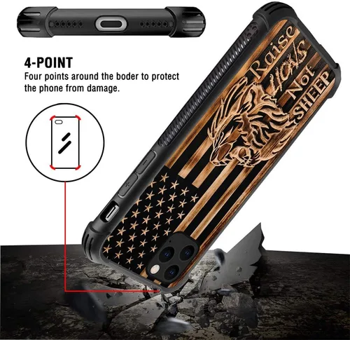 Vista 4 de Funda compatible con iPhone 11, fundas para regalos de mujer, diseño de bandera estadounidense de madera Raise Lion Not Sheep