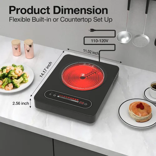 Vista 6 de ANHANE Estufa eléctrica de 1800 W, quemador individual portátil de 11 pulgadas con temporizador y bloqueo para niños, estufa compacta de encimera