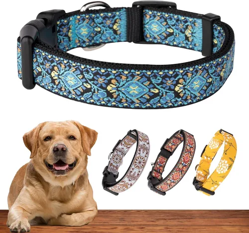 Vista 11 de Collar de perro para perros medianos y grandes, patrón acolchado de algodón con flores en collares de larga duración, ajustables, fuertes