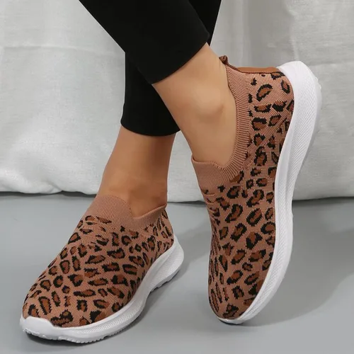 Vista 4 de Tenis de moda con estampado de leopardo para mujer, parte superior de malla elástica, transpirables, cómodos y ligeros, mocasines y sin cordones