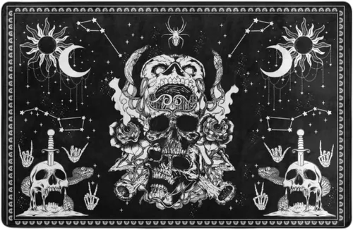 Vista 2 de Alfombra decorativa para interiores y exteriores, 60 x 39 pulgadas (diseño de calavera blanca y negra, polilla, esqueleto, mandala, luna, estrella)