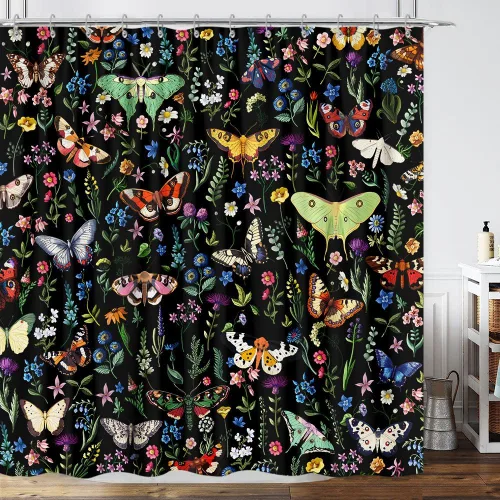 Vista 15 de Cortina de ducha de mariposa floral negra y dorada, cortina de ducha bohemia con diseño botánico de flores oscuras para baño con gancho, juego