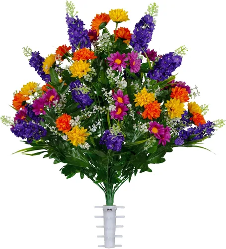 Vista 19 de Sympathy Silks Flores artificiales para cementerios – Decoraciones para tumbas - 1 ramo de flores silvestres de violeta púrpura y naranja, 1 montura