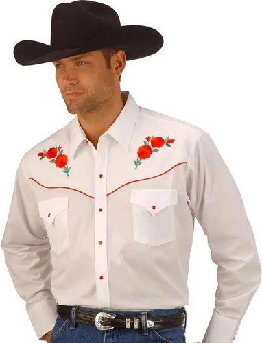 Vista 4 de ELY CATTLEMAN Camisa occidental de manga larga para hombre con bordado de rosas