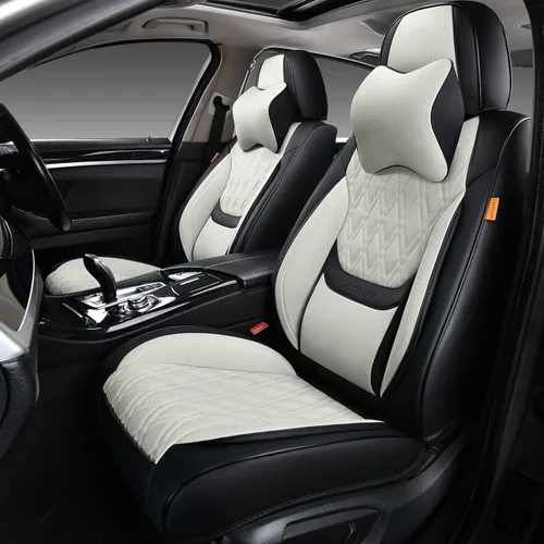 Vista 18 de Fundas de asiento delantero de automóvil, par de fundas de asiento delantero de cuero transpirable con reposacabezas, funda universal de asiento