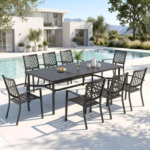 Vista 41 de PHI VILLA Juego de comedor al aire libre de 7 piezas para 6, mesa rectangular de metal negro de 60 pulgadas con agujero para sombrilla y sillas