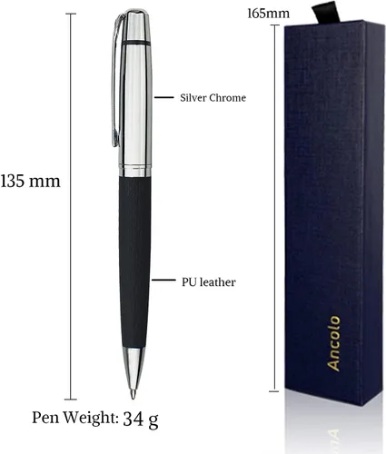 Vista 5 de Ancolo Bolígrafo cromado plateado grabado, impresionante bolígrafo de lujo con piel sintética, personaliza tu mensaje, nombre, juego de regalo