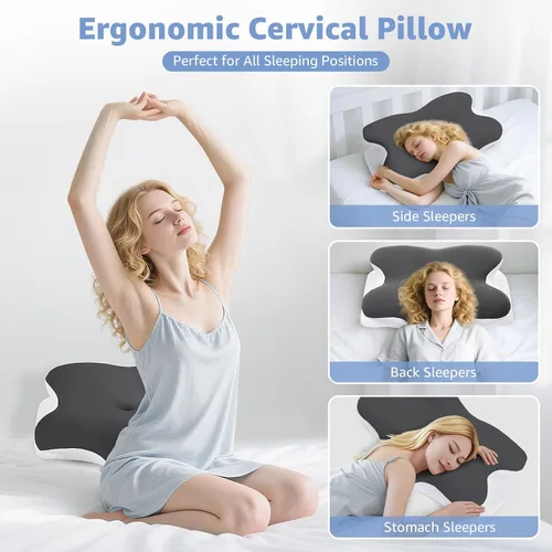 Vista 4 de Almohada cervical para aliviar el dolor de cuello, almohada ergonómica de espuma viscoelástica con 2 fundas de almohada, soporte ortopédico