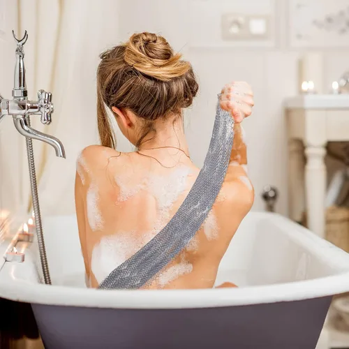 Vista 2 de 4 piezas de red africana de baño de esponja exfoliante corporal de poliéster para limpieza corporal de ducha, exfoliante de espalda, paño de baño