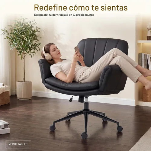Vista 7 de Dowinx Silla Criss Cross con brazos y ruedas ajustables de cinco niveles - Cómoda silla giratoria ergonómica de cuero PU para tocador - Silla