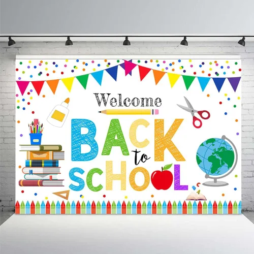 Vista 9 de MEHOFOND Telón de fondo de bienvenida de regreso a la escuela de 7 x 5 pies para niños, preescolar, primer día en persona, escuela, jardín