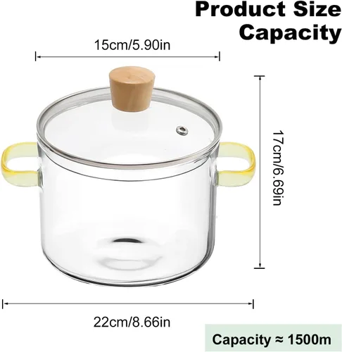Vista 8 de Olla de cocina de vidrio transparente de 1.5L 2 litros con colador y tapa, resistente a la estufa con tapa, asas antiquemaduras, cacerola de vidrio