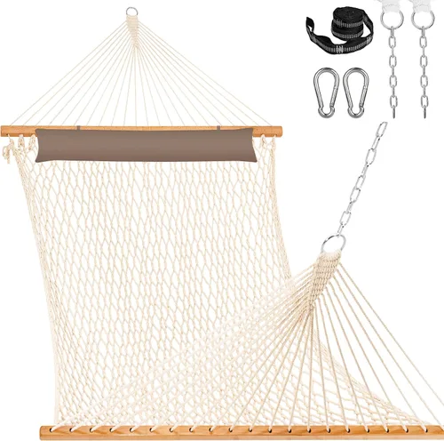 Vista 9 de Lazy Daze Hammocks Hamacas de cuerda doble de 12 pies, hamaca de algodón tejida a mano para 2 personas con barra separadora, mosquetón, correa