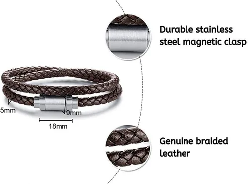 Vista 2 de Pulsera de cuero trenzada con cierre magnético de acero inoxidable para hombre, pulsera de cuero auténtico con cierre magnético