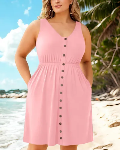 Vista 36 de Holipick Vestidos de verano para mujer, talla grande, casual, con bolsillos, acampanado, con botones, sin mangas, cuello en V