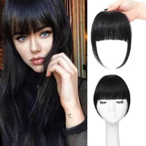 Vista 15 de ELEFOCUS Flequillo con clip, extensiones de cabello humano 100% real, flequillo falso francés 18#, clip de cabello en flequillo para mujeres, flecos