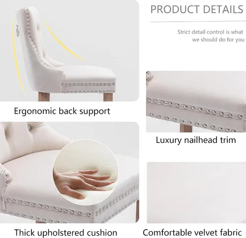 Vista 5 de Taburetes de bar tapizados de terciopelo modernos de 27 pulgadas con patas de madera, botón con cabeza de clavo cromada, taburetes de bar con Beige