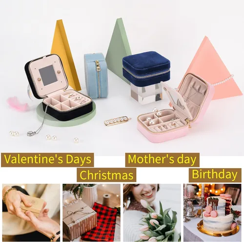 Vista 4 de Joyero de terciopelo de viaje con espejo, mini estuche de regalo para mujeres y niñas, pequeñas cajas organizadoras portátiles para anillos, aretes