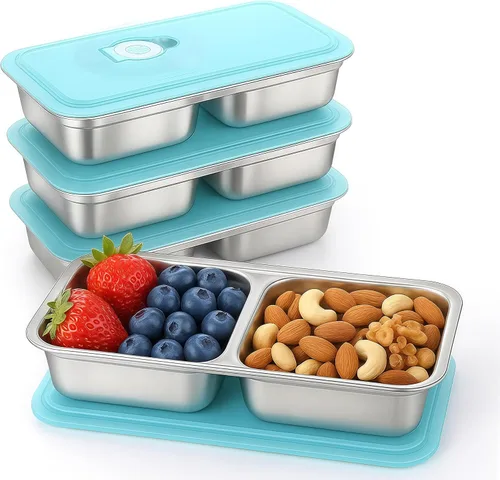 Vista 11 de 2 cajas Bento de acero inoxidable 304, 2 compartimentos, contenedores portátiles de almacenamiento de alimentos, cajas de aperitivos con tapas, caja
