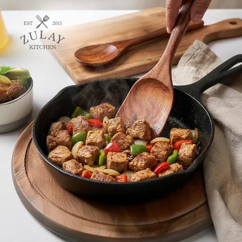 Vista 6 de Zulay Kitchen Juego de 6 cucharas de madera para cocinar, juego de utensilios de madera de teca natural, fácil de limpiar, duradero, suave