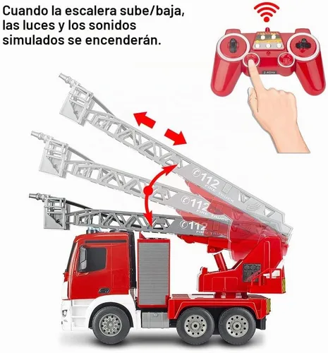 Vista 3 de DOUBLE E - Camión de bomberos a control remoto de 10 canales, escalera extensible de 18 pulgadas con bomba de agua, con luces sonoras que funcionan