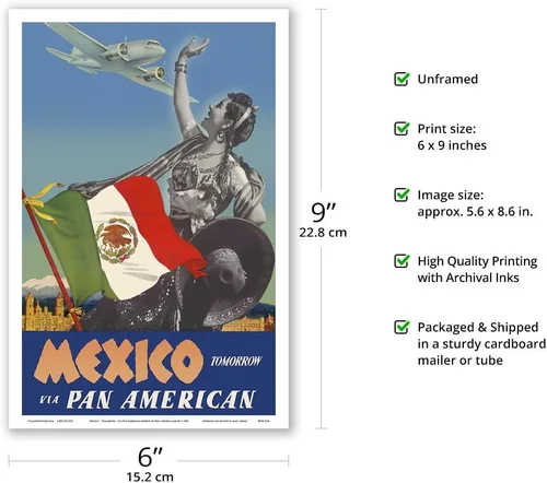 Vista 2 de México – Mañana – via Pan American Airways (PAA) – Bandera de México – Póster vintage de viaje de aerolínea por Paul George Lawler c.1940