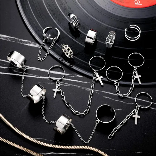 Vista 7 de Juego de 10 anillos vintage de plata para dedos anillos punk ajustables apilables vintage para mujeres hombres y niñas Aleación Aleación