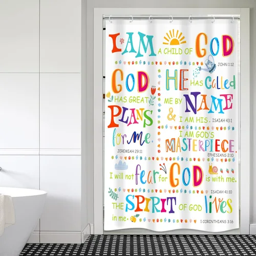 Vista 2 de Cortina de ducha cristiana con versos bíblicos para niños, baño, 48 pulgadas de ancho x 71 pulgadas de alto, pequeña cabina, escrituras
