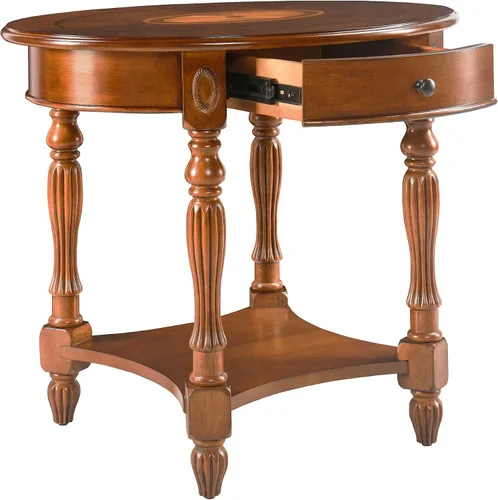 Vista 7 de PADMA HOUSE Mesa auxiliar ovalada de madera tradicional con cajón, mesa auxiliar de sofá para sala de estar con acabado de cera de abeja con estante