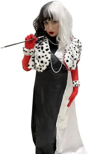 Vista 5 de Kewlent 3 piezas de Halloween Deville abrigo para mujer, disfraz de chal dálmata, bufanda, accesorios de cosplay