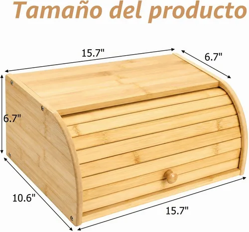Vista 2 de Lawei Panera de bambú, caja de pan grande de madera con parte superior enrollable, contenedor de almacenamiento de pan para encimera, soporte