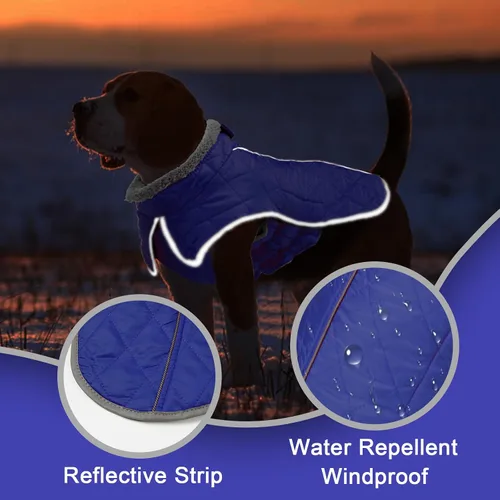 Vista 4 de Fragralley Abrigo de invierno para perro, chaqueta de forro polar reflectante impermeable y resistente al viento con agujero para arnés, chaleco