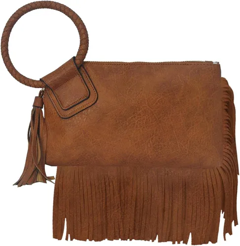 Vista 2 de NGIL Mini bolso de pulsera para mujer, mini bolso de cuero sintético con borla de flecos, cartera de pulsera para mujer